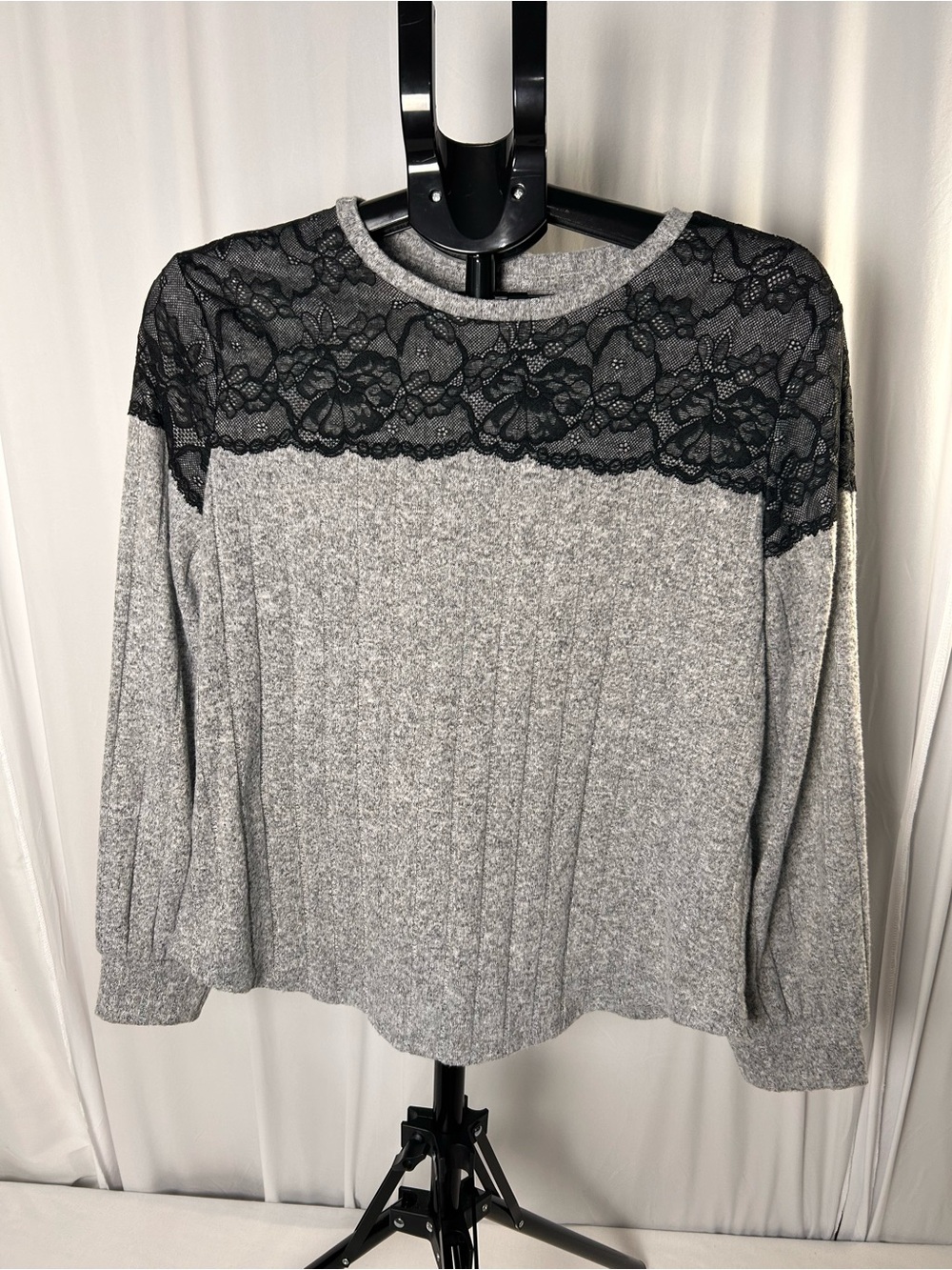 Maurices Gray Knit Top with Black Lace Yoke